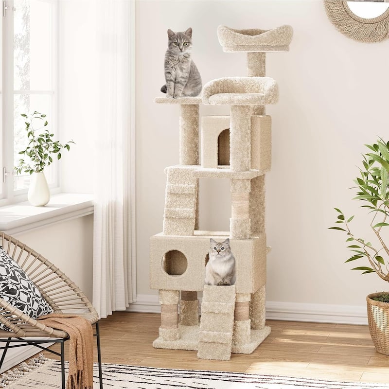 63" Multi-Level Cat Tree Tower for Indoor Cats Ladders, Beige - N/A