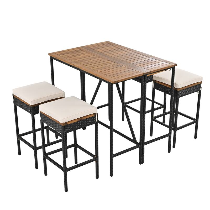 Outdoor Wood Bar Table and Stools with Cushions, Garden Wicker Dining Set