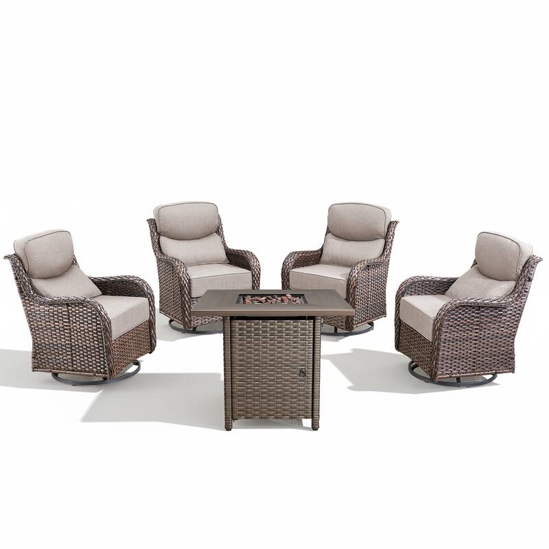 Arcadia 5-Piece Patio Conversation Set with 4 Swivel Glider Chairs and Wicker Square Fire Pit