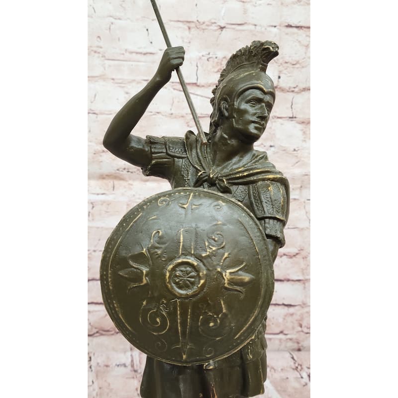 Roman Or Greek Soldier Bronze Sculpture With Spear And Shield On Marble Base