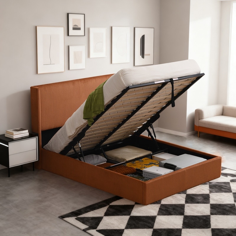 Lift Up Storage Platform Bed with Minimalist Headboard