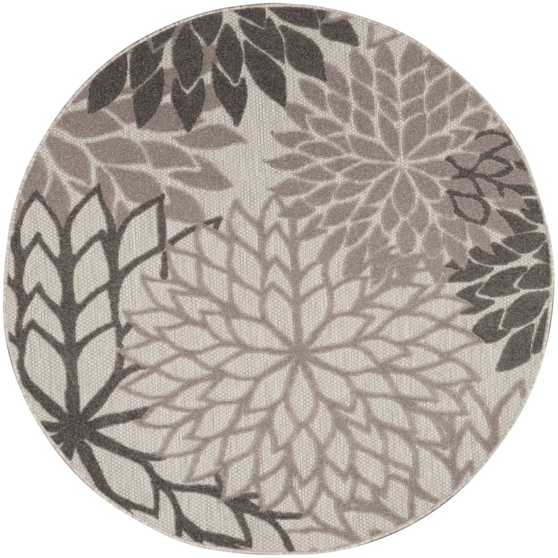Nourison Aloha Floral Modern, Indoor/Outdoor Area Rug - 4' x Round - Silver/Grey