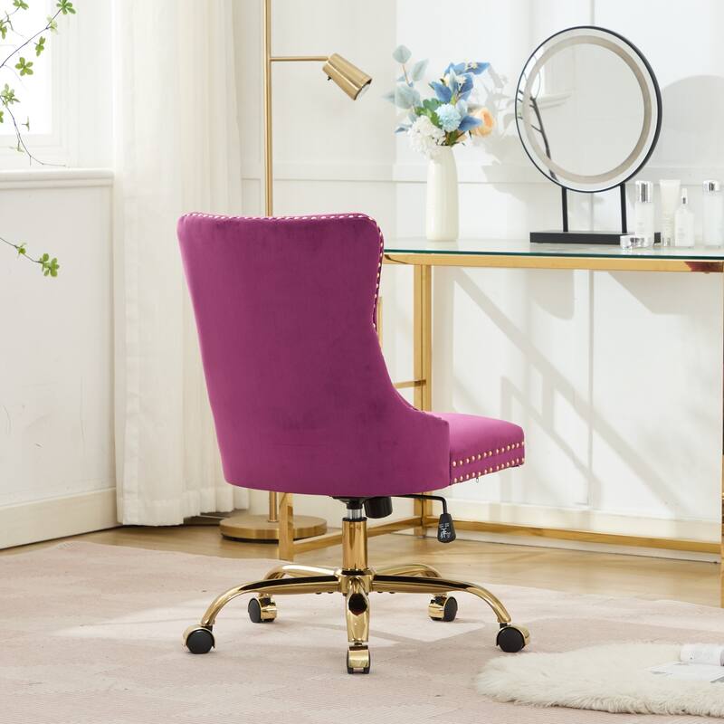 Velvet Swivel Office Chair with Wheels, Tufted Button Home Office Chair, Adjustable Vanity Chair with Metal Base