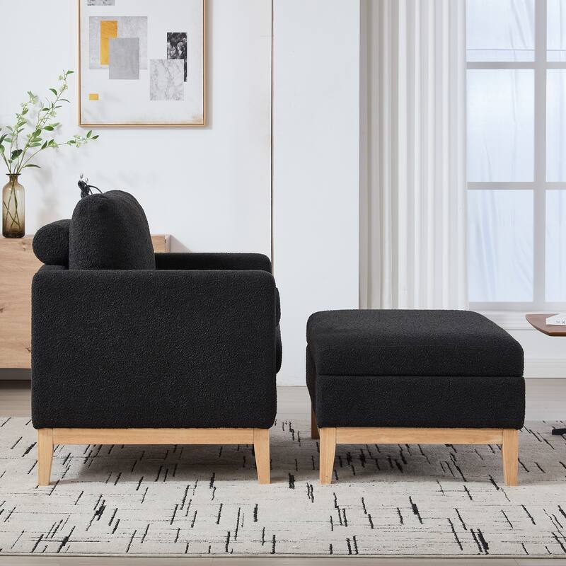35.4 "Wide Wood Base Square Accent Arm Chair with Ottoman Natural Wood Legs with Reversible Lid Coffee Table