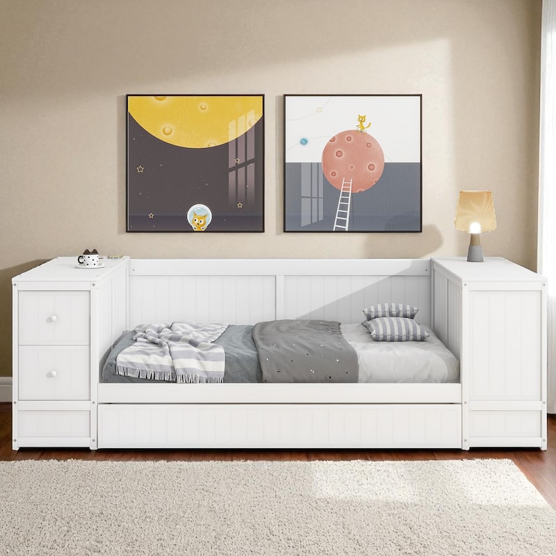 Twin Size Daybed with Storage Arms, Trundle and Charging Station, Solid Wood Frame with Drawers and USB Ports