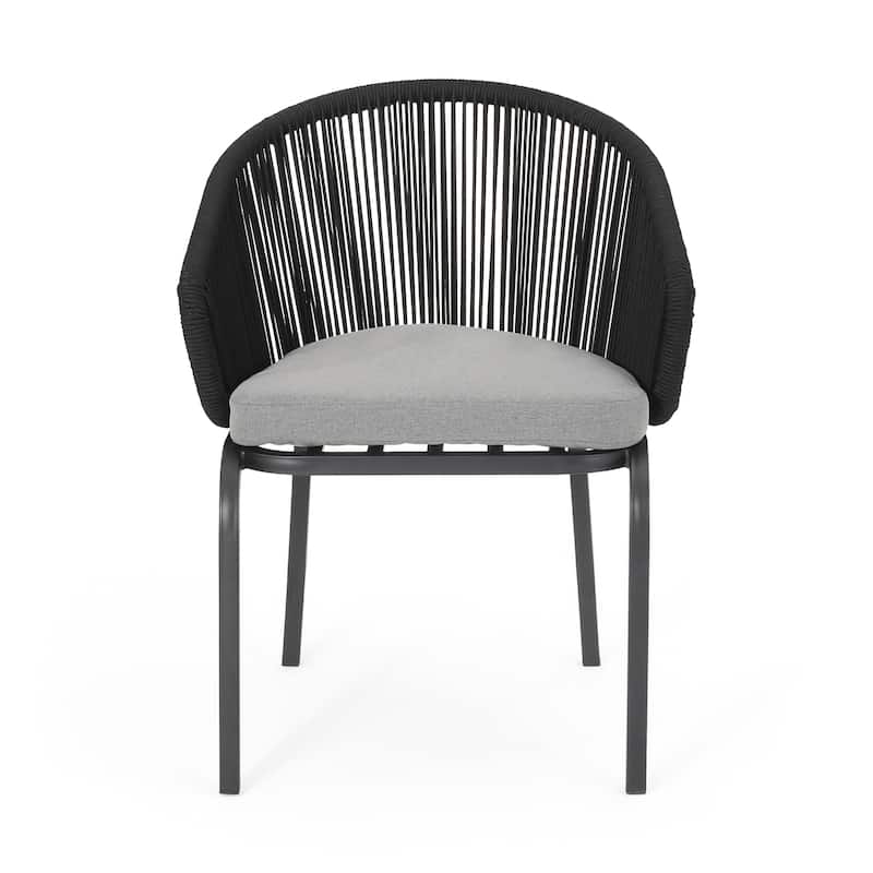 Candy Outdoor Dining Chair Set of 2, Gray Fabric, Black Metal, Woven Rope