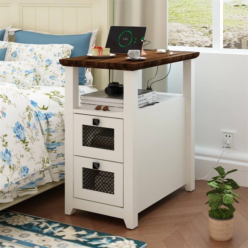 End Table with Charging Station - 13.78"D x 23.6"W x 24.8"H - White