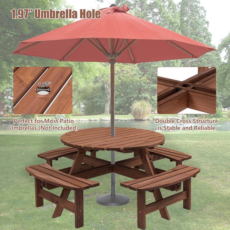 8 Person Dining Table with 4 Built-in Benches Outdoor Camping Round Dining Table Poolside Picnic Beer Table with Seat - Brown