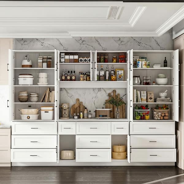 slide 2 of 15, Multi-Functional White Kitchen Storage Cabinet with Drawers and Glass Doors, MDF & Metal Hardware
