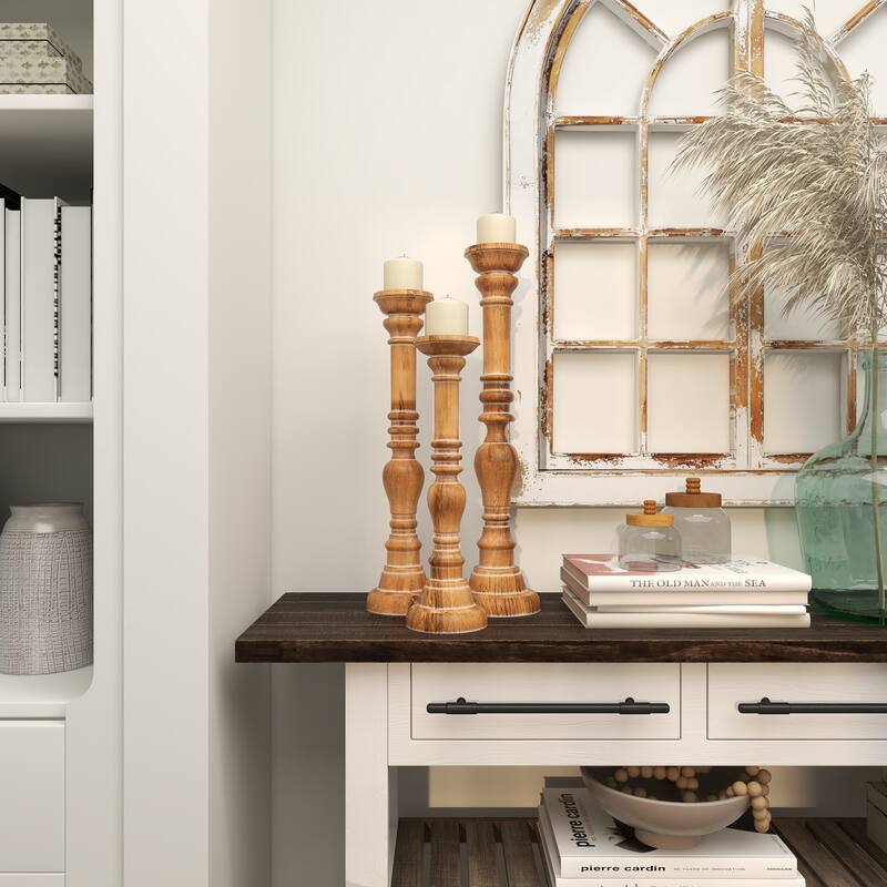 Brown Mango Wood Handmade Candle Holder with Turned Style (Set of 3)