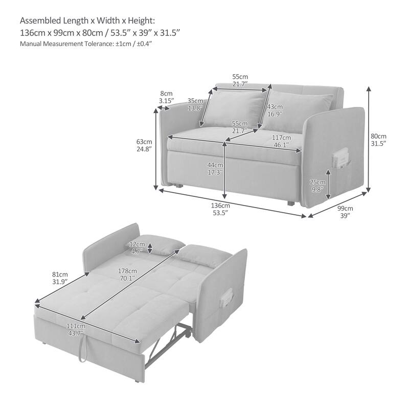 Convertible Sofa Bed Padded Seat Sofa Couch with Pull-Out Bed, Famous Sleeper Sofa Bed 2-Seater Couch