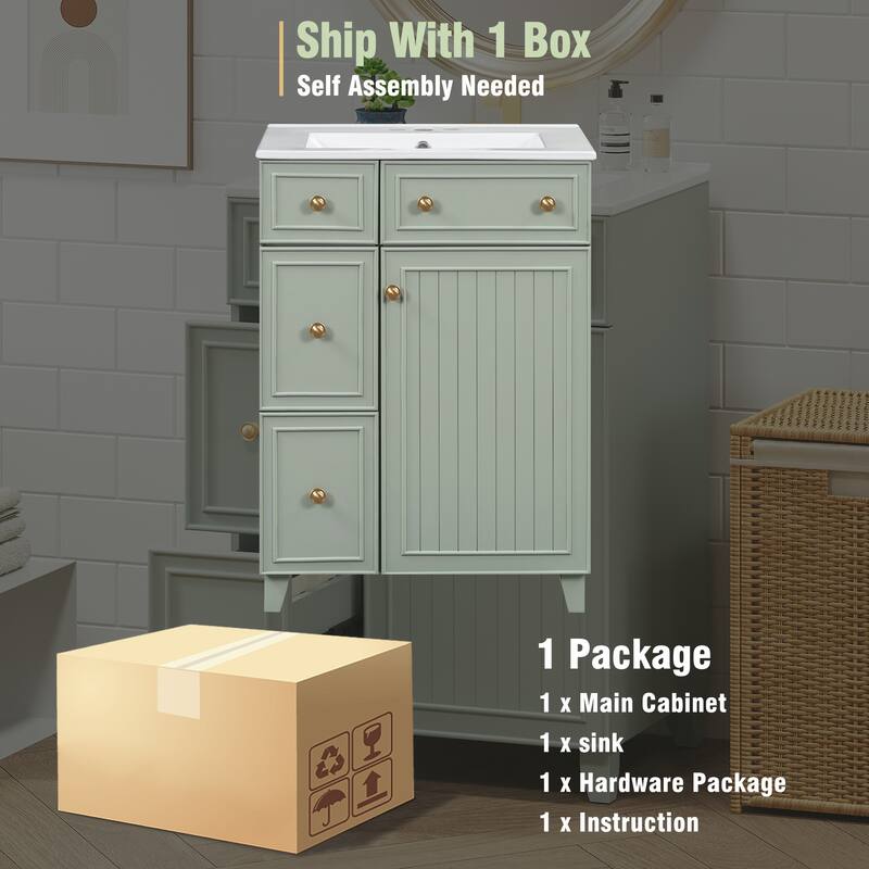 24 Inch Bathroom Vanity Cabinet with Ceramic Sink, 2 Drawers & Door, Bathroom Storage Cabinet Free-standing Single Sink Cabinet