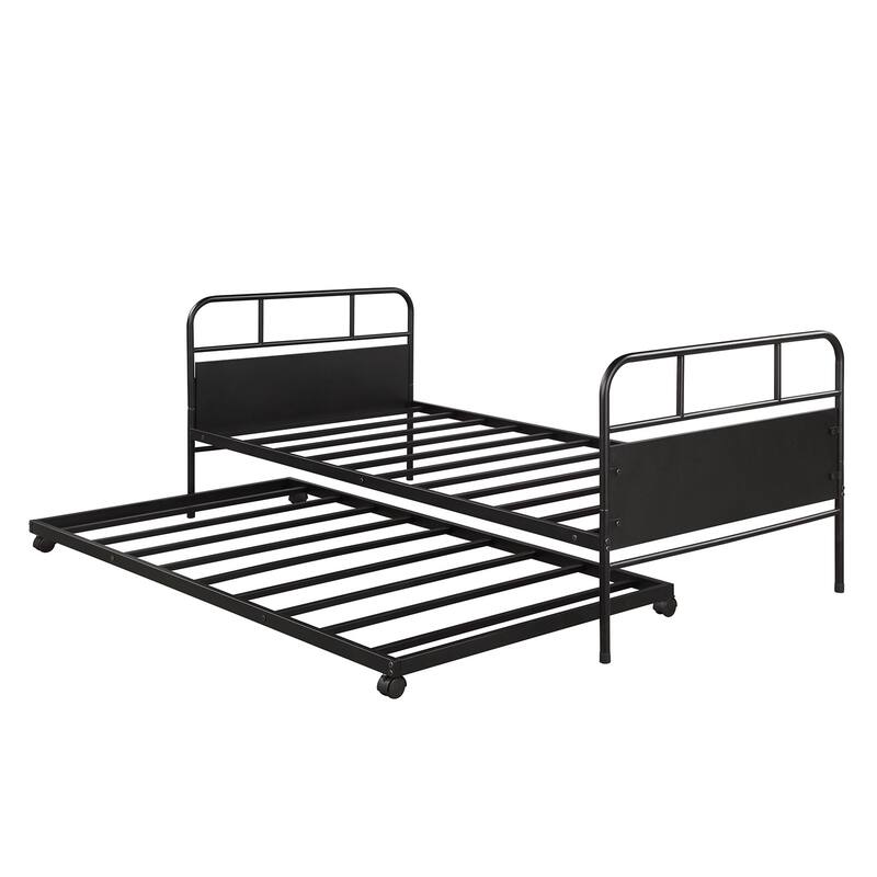 Metal Daybed Platform Bed Frame With Trundle Built-In Casters - Black