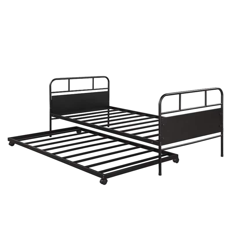 Twin Size Metal Daybed Platform Bed Frame with Pull-Out Trundle and Built-in Casters