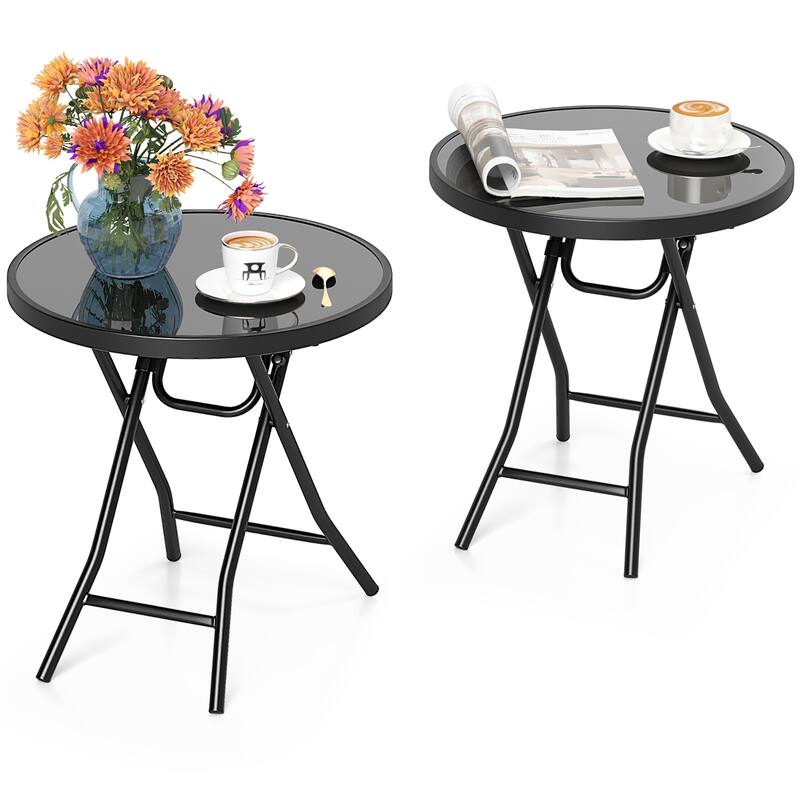 Gymax Round Folding Side Table 18 Inch Patio Coffee Table w/ Tempered