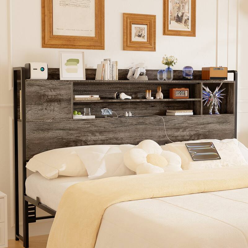 Storage Headboards with Power Outlet and LED Light, Head board with Storage Shelves for Bed Frame - Grey Oak - Queen