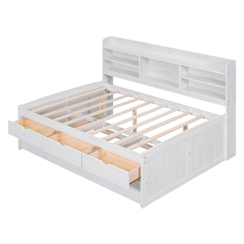 Wooden Captain Bed Platform Bed Frame with Rectangular Storage Headboard Built-in Bookshelves, 3 Storage Drawers and Trundle