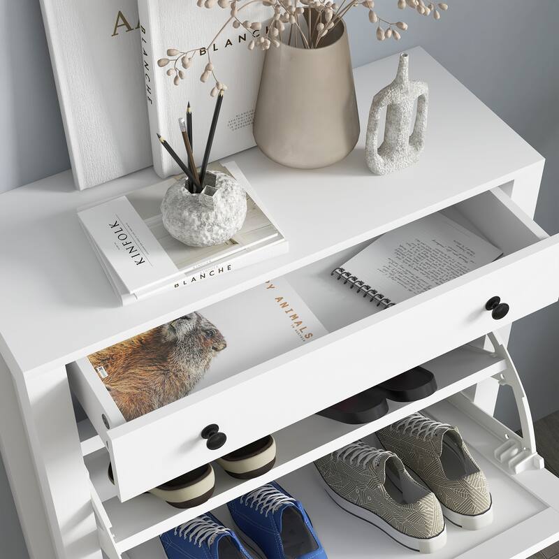 HOMCOM Shoe Cabinet, Freestanding Shoe Storage Cabinet Organizer with 2 Flip Drawers, Adjustable Shelves