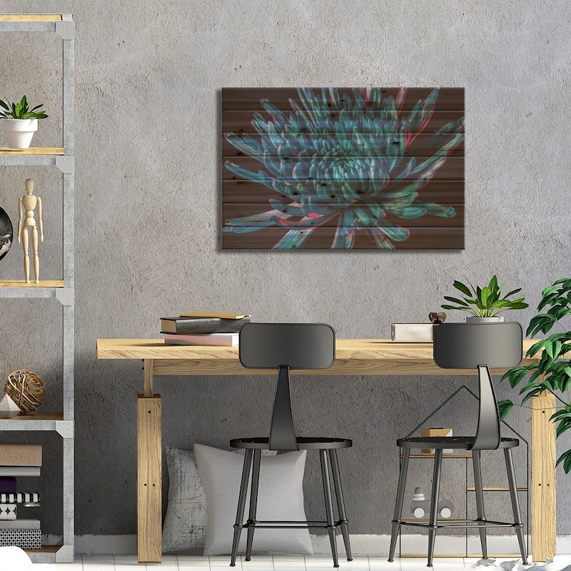 Blue Spider Mum Print On Wood by Elena Kulikova - Multi-Color