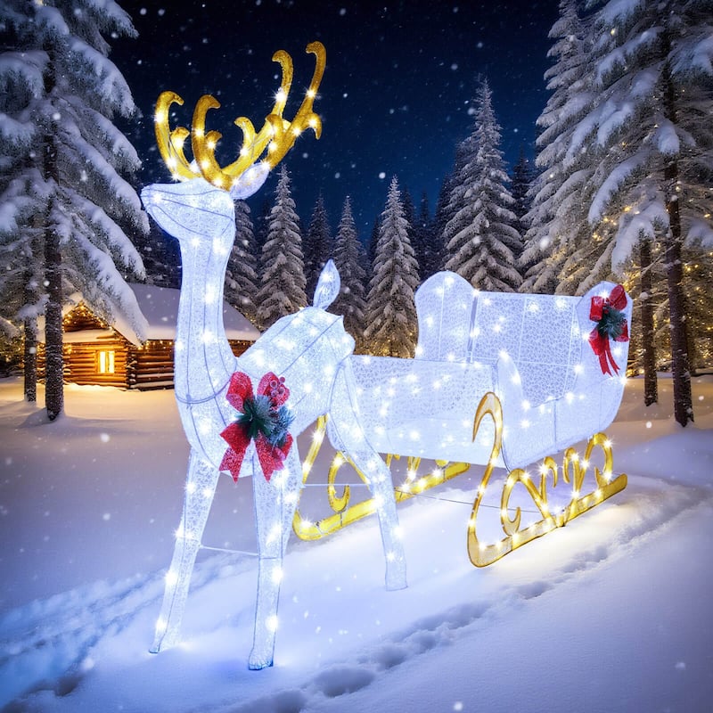 Costway Lighted Christmas Reindeer and Sleigh with 215 White LED - See Details