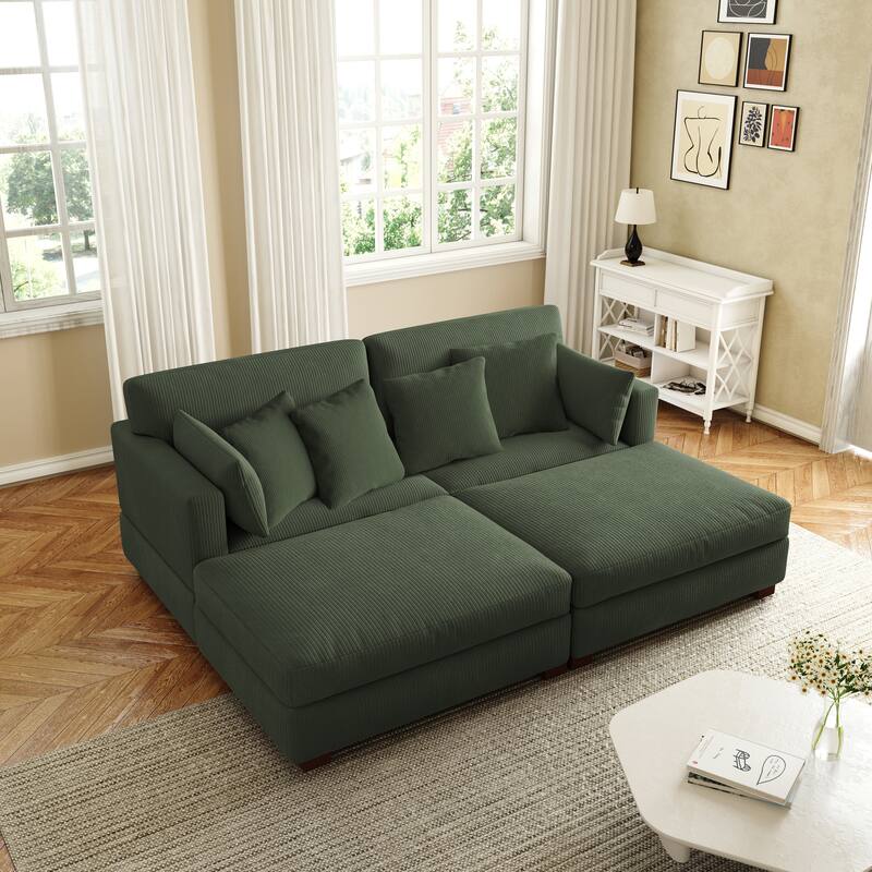 Corduroy Modular Sectional Sofa Deep Seat Corner Sofas & Ottomans - Green-4Pillows