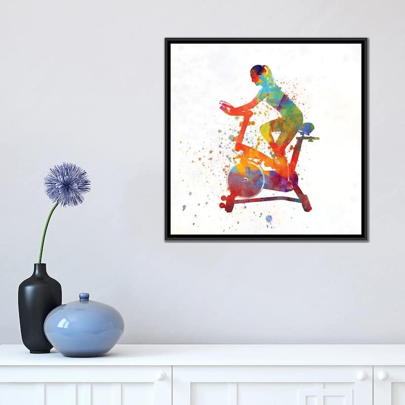 iCanvas "Woman Riding An Exercise Spin Bike In The Gym" by Paul Rommer Framed Canvas Print