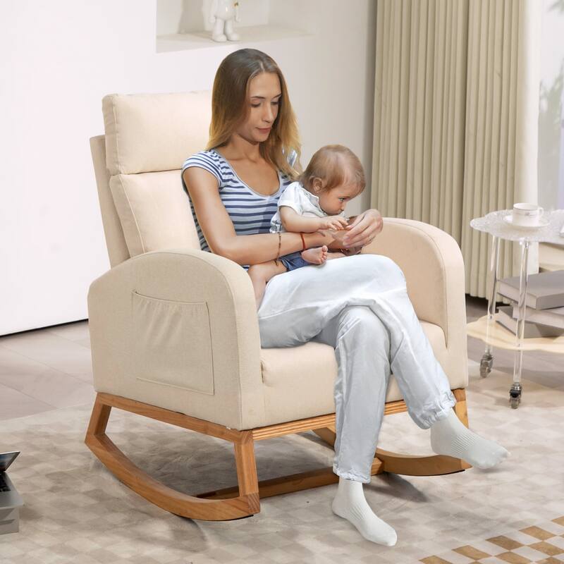 Nursery Chair Rocking Chair Glider Chair, Upholstered Accent Chair with Rubber Wood Legs, Comfy High Backrest, Side Pockets