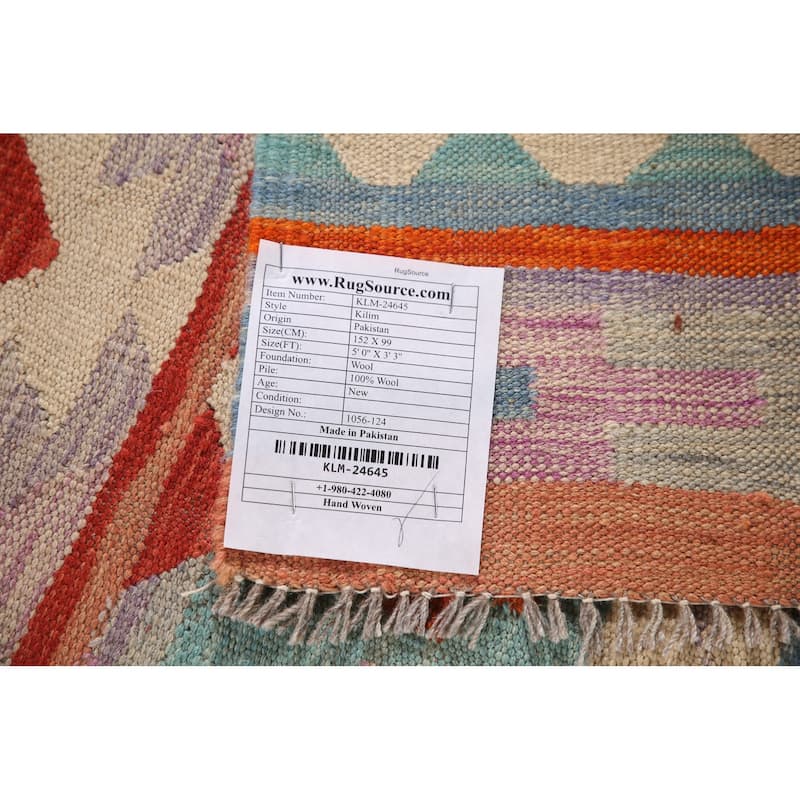 Reversible Kilim Oriental Accent Rug Hand-Woven Wool Carpet - 3'3"x 5'0"