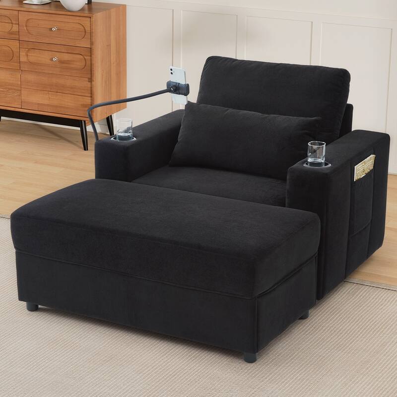 Modern Style Armchair 42.5" Chaise Lounge Sofa Couch with a Movable Storage Ottoman, Two USB Ports, Two Cup Holders