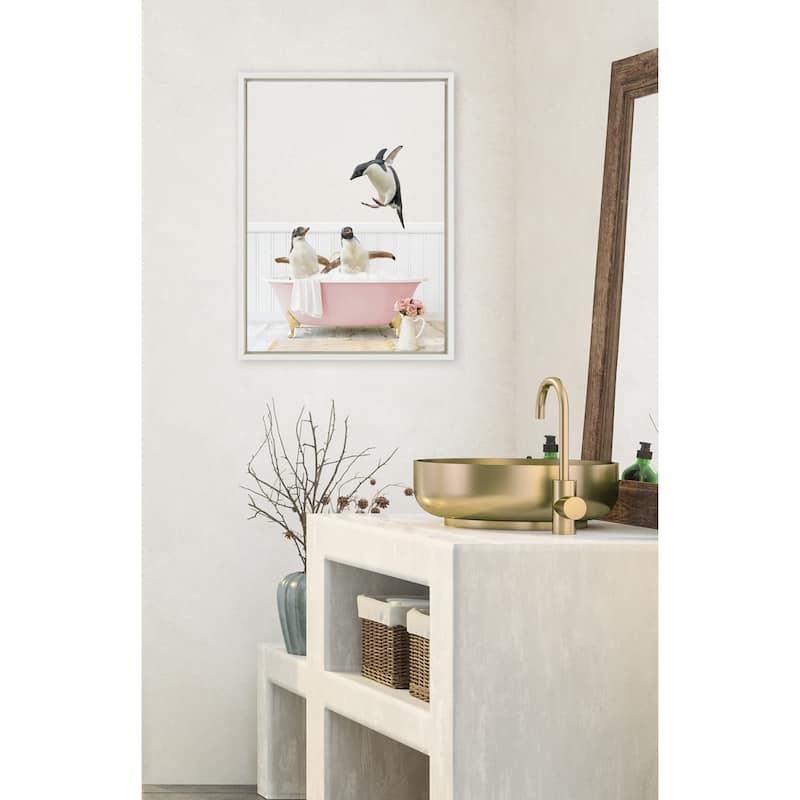 Kate and Laurel Sylvie Penguin Rose Bath Framed Canvas by Amy Peterson
