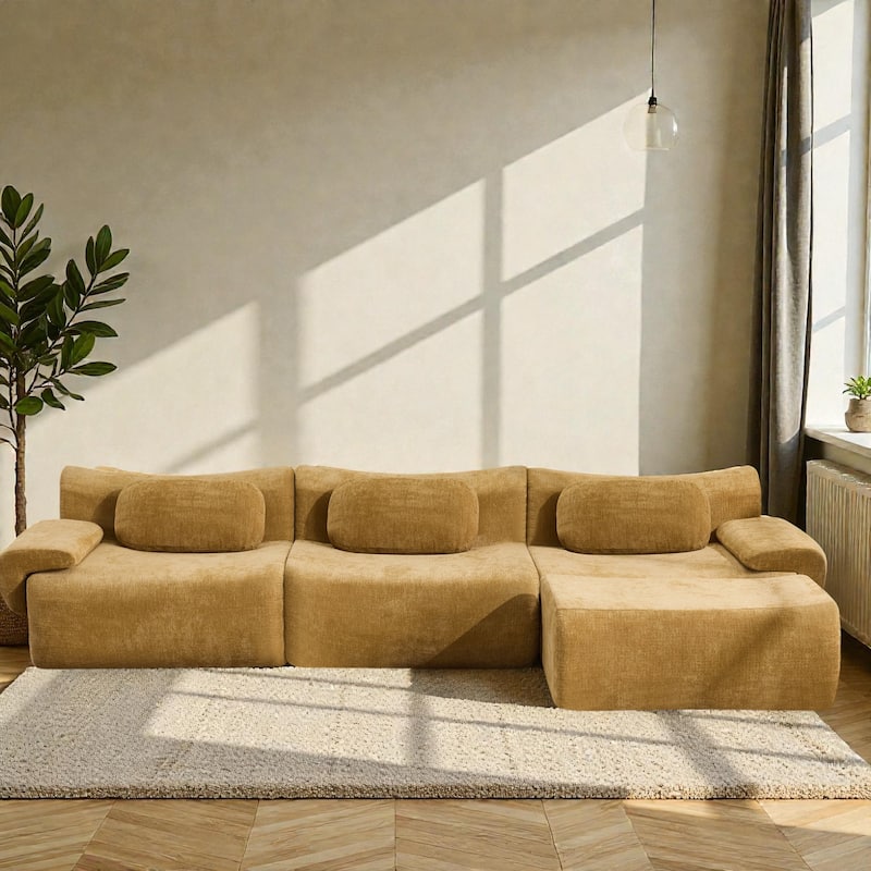 Modular Chenille Sofa Set with Armchair, Extra Large Deep Seat 3 Seater Compression Couch with Pillows