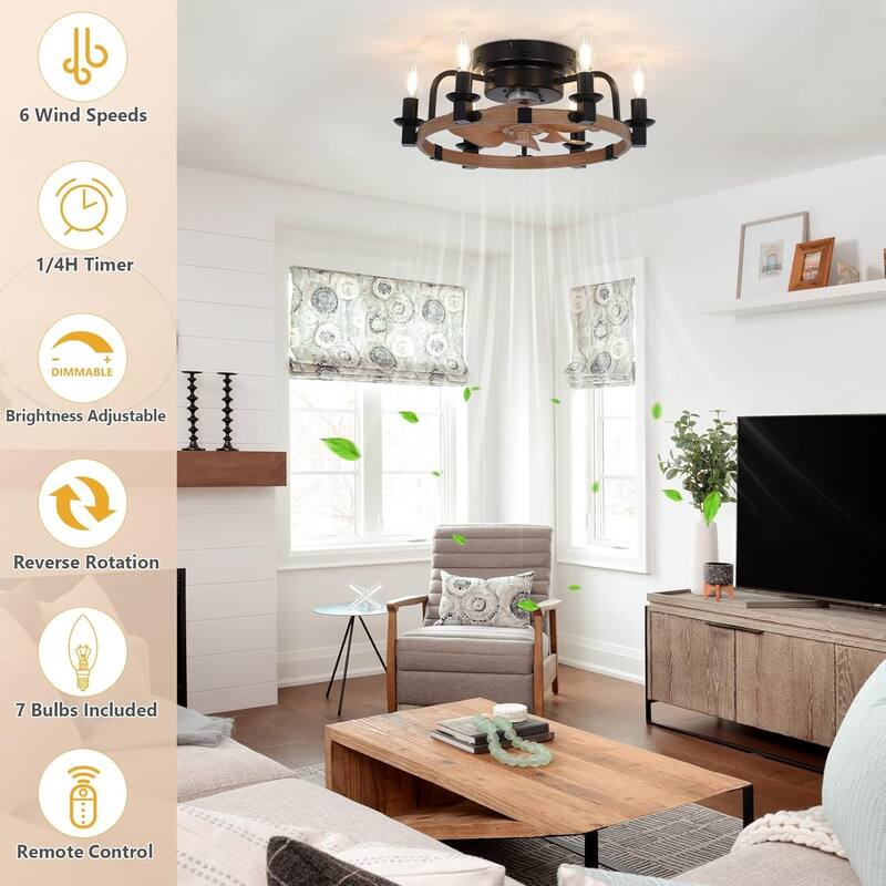 Vintage Ceiling Fan Light with Lighting and Multifunctional Remote Control, 6 Speed Settings for Bedroom and Living Room - Brown