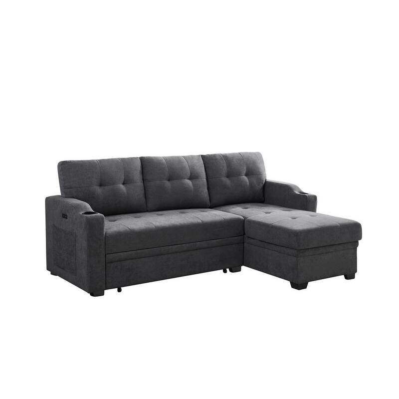 83 Inch L Shape Sectional Sleeper Sofa, Chaise Lounger, Dark Gray Fabric