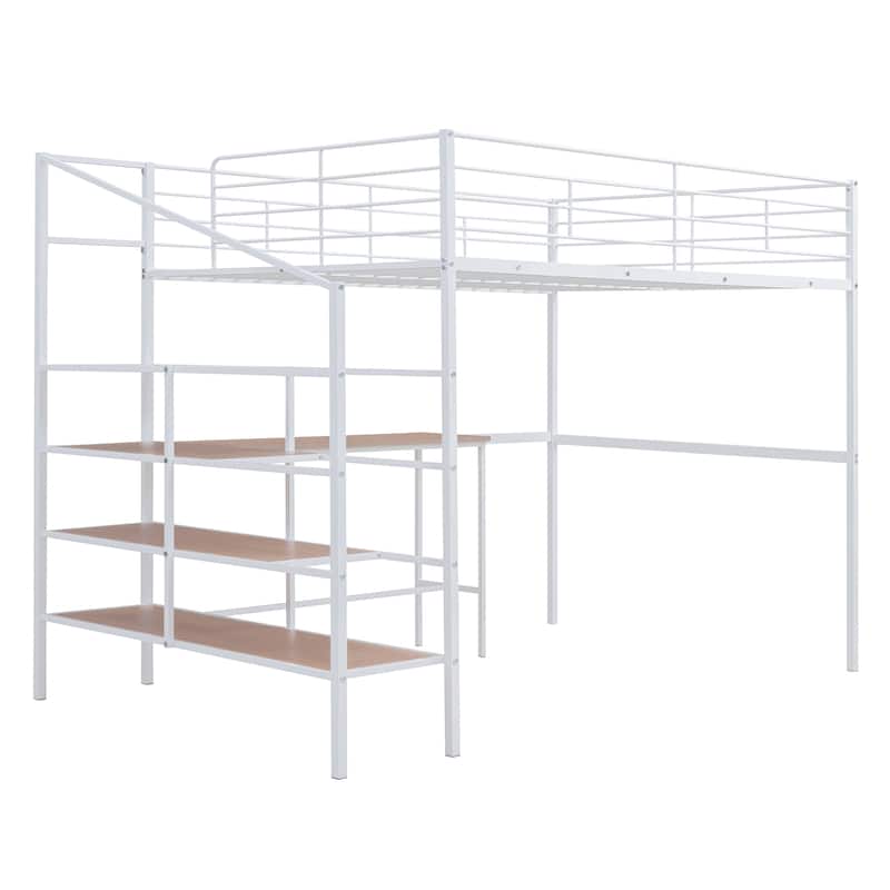 Contemporary Full Metal Loft Bed with Large Desk and Shelving Ladder, Space-Saving Design