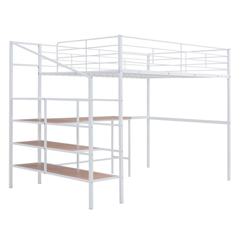White Full Size Metal Loft Bed with Built-in Desk and Storage Ladder