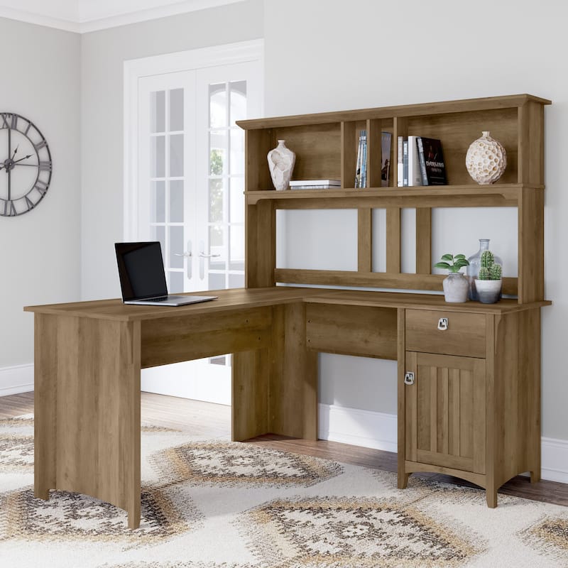 Bush Furniture Salinas 60W L Shaped Desk with Storage Hutch - Reclaimed Pine