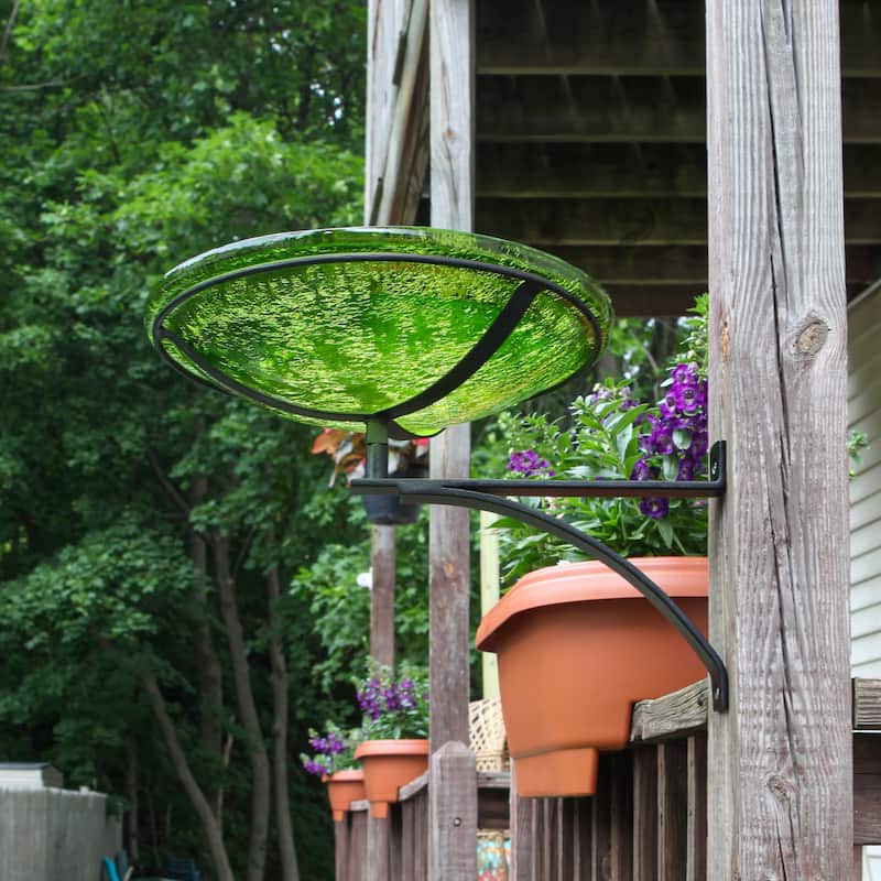 Achla Designs 14"Dia. Round Crackle Glass Birdbath w/Black Wrought Iron Wall Mount Bracket