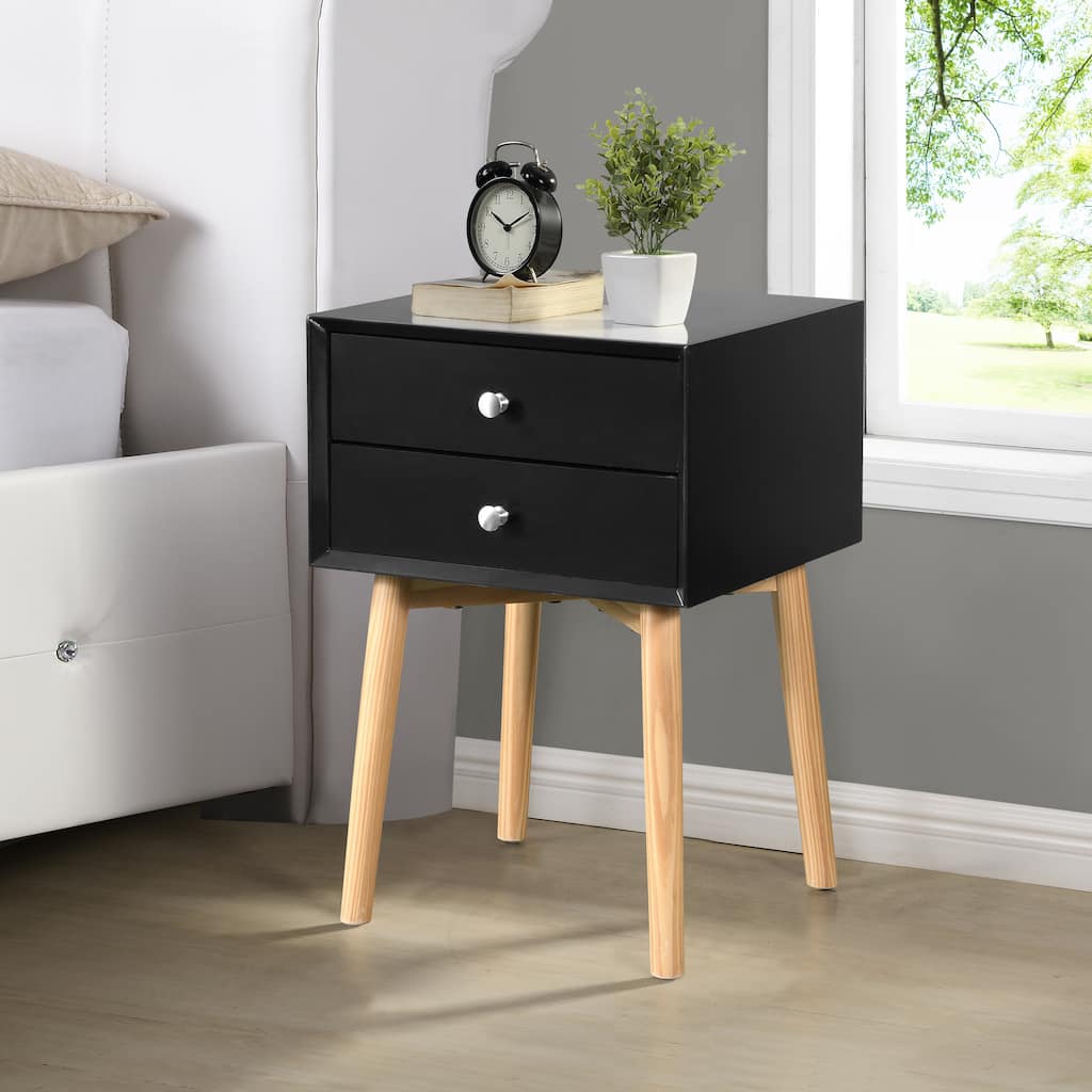 Modern Black Side Table with 2 Drawers and Rubber Wood Legs for Bedroom Living Room