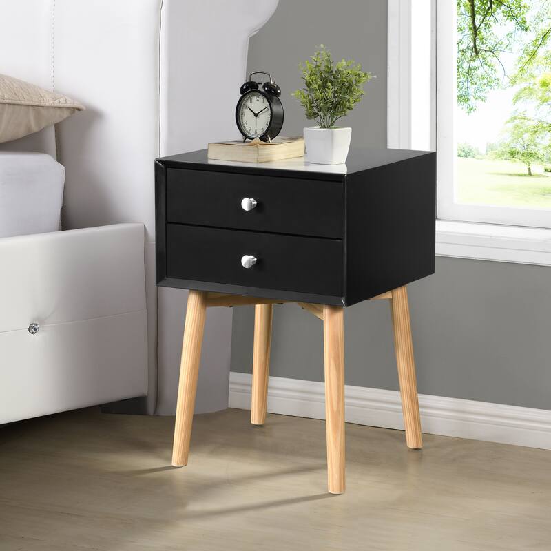 Modern Black Side Table with 2 Drawers and Rubber Wood Legs for Bedroom Living Room - Black