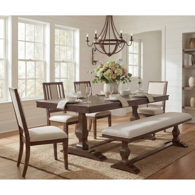 6-pieces Farmhouse Dining Table for 6, 74.8" Kitchen Table Set with 4 Chairs and Bench, Solid Wood Legs and Cushion Seat