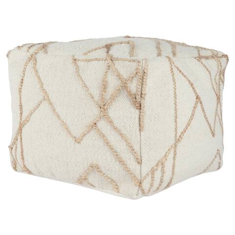 18 Inch Square Cube Accent Pouf, Woven Abstract Jute Embroidery, Off White