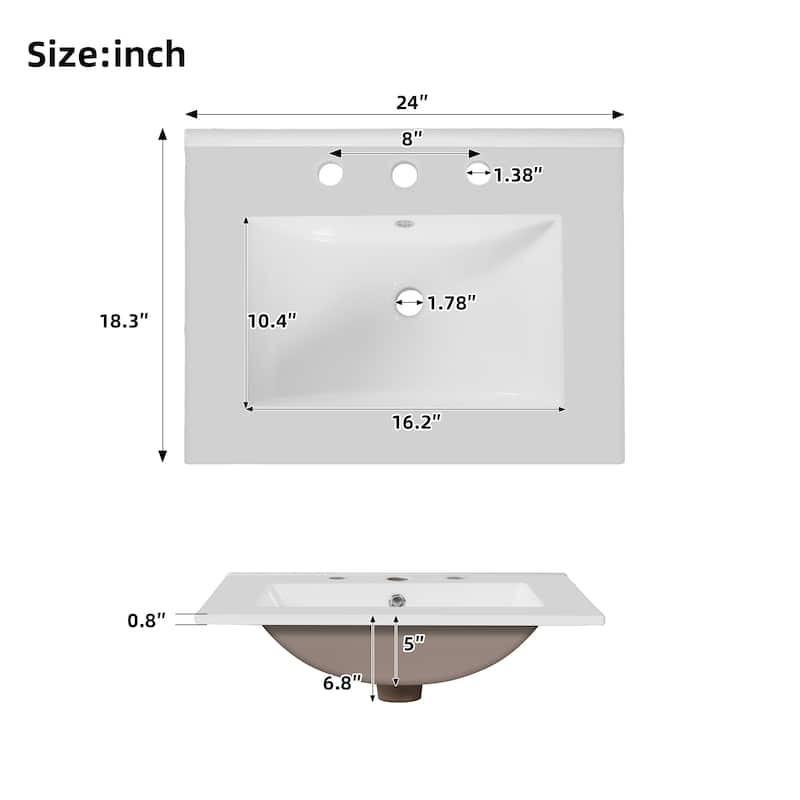 24" Bathroom Vanity with Ceramic Sink, Solid Wood Frame, Soft-Close Doors, Drawer and Shelves, Freestanding Storage Cabinet