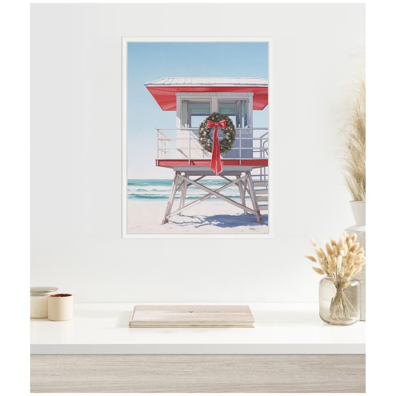 Kate and Laurel Framed Canvas Holiday Wreath Beach Lifeguard Tower by The Creative Bunch Studio
