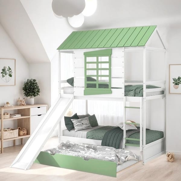 slide 2 of 17, Twin over Twin Size House Bunk Bed with Slide and Trundle, White+Green