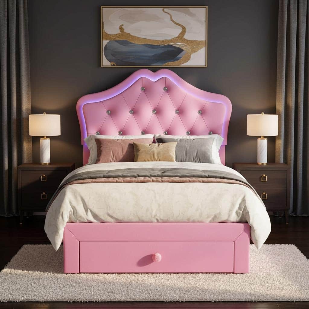 Bed Frame, with LED Lights and Storage Drawer