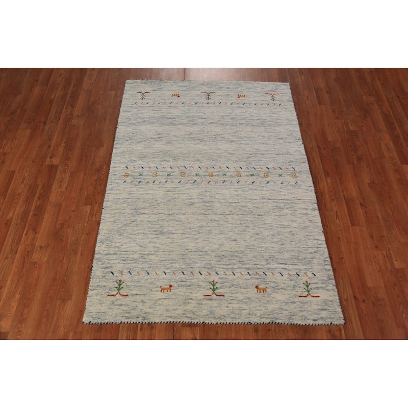 Little Animals Gabbeh Oriental Area Rug Handmade Beige Wool Carpet - 4'0" x 5'10"