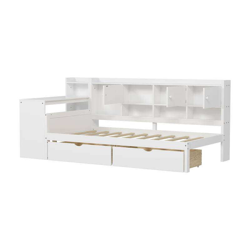 Multi-Functional L-Shape Bed with Storage Drawers and Built-In Bookshelf - White - Twin