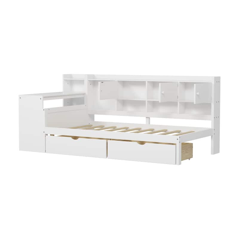Roomfitters Wooden L-Shape Daybed with Storage Cabinets, Study Desk, Built-In Bookshelf, Space-Saving Platform Bed, White