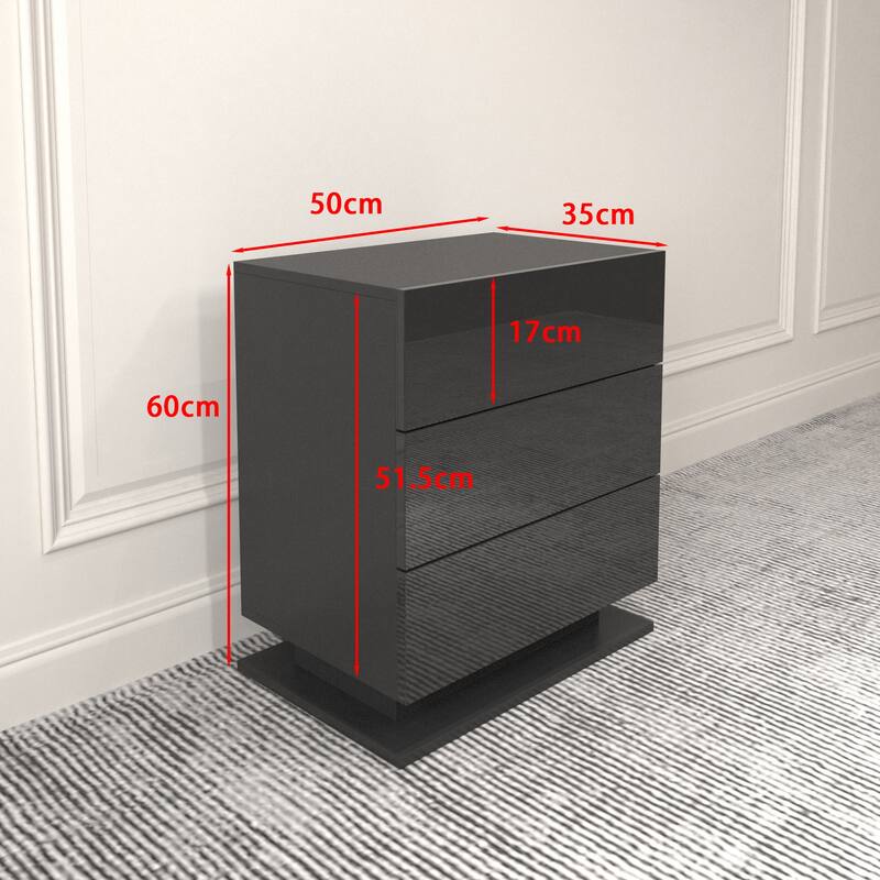 LED Nightstand with 3 Drawers Modern End Side Bedside Table