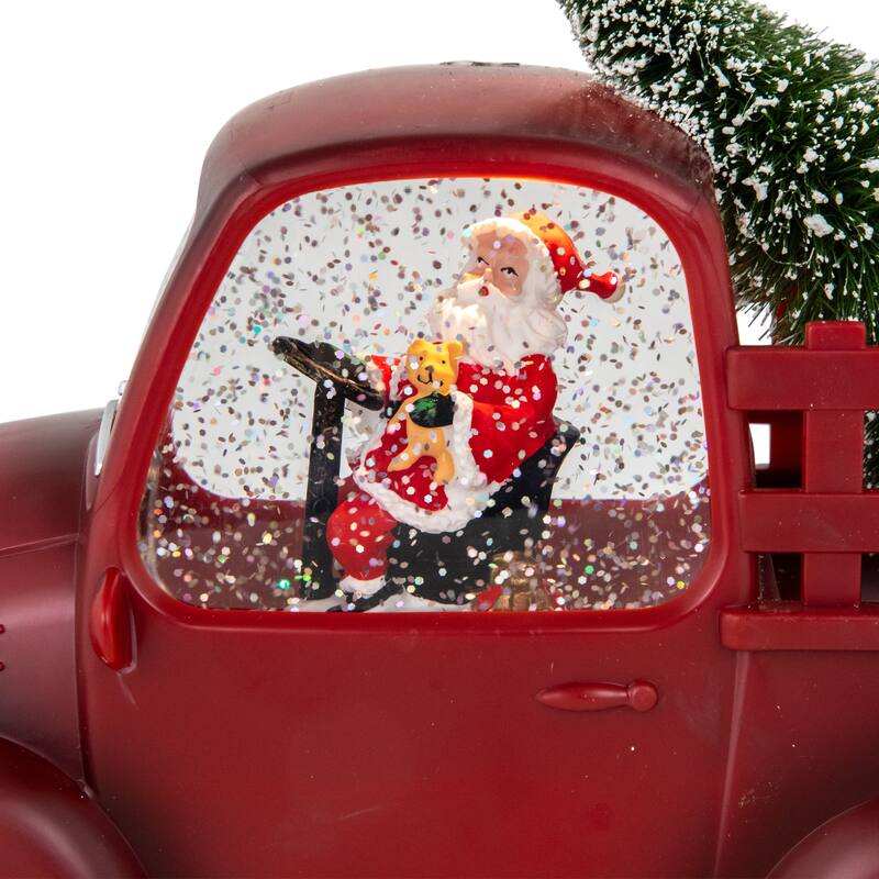 LED Santa In Red Retro Truck With Christmas Tree Snow Globe -9"